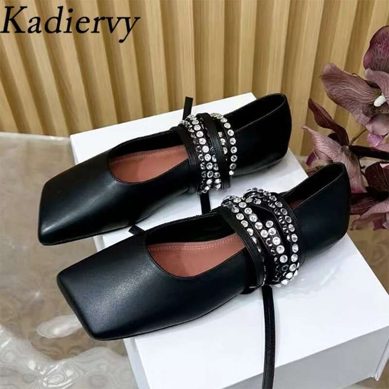 Crystal Woman Square Toe Ankle Lace Up Mary Jane Female Mesh Leather Hollow Outs Summer Flat Shoes For Women