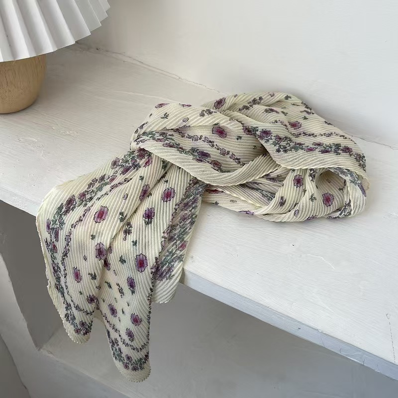 T622 Thin Floral Pleated Long Silk Scarf for Women Spring and Summer Sweet Fresh Sunscreen Decorative Scarf Wrinkled