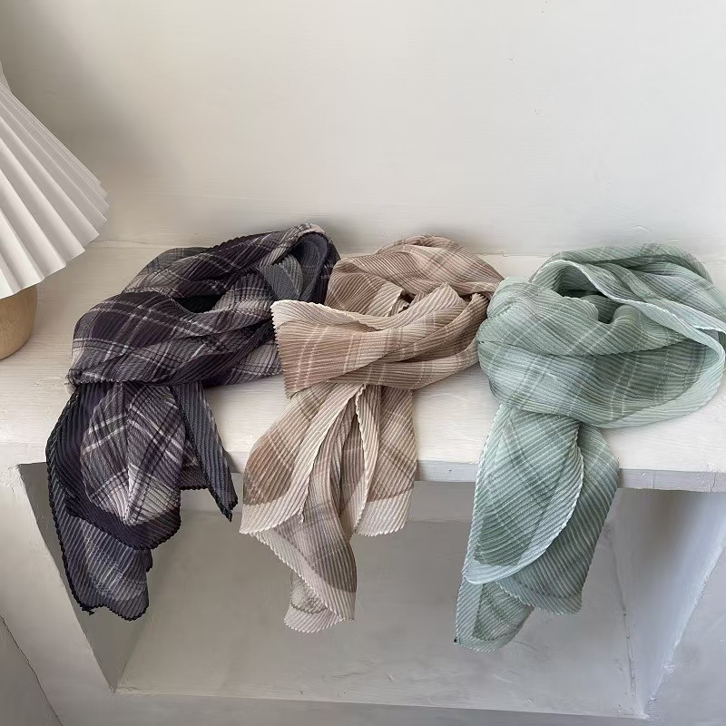 T619 plaid wrinkled scarf spring and summer Korean style temperament sunscreen gauze scarf neck scarf female long pleated