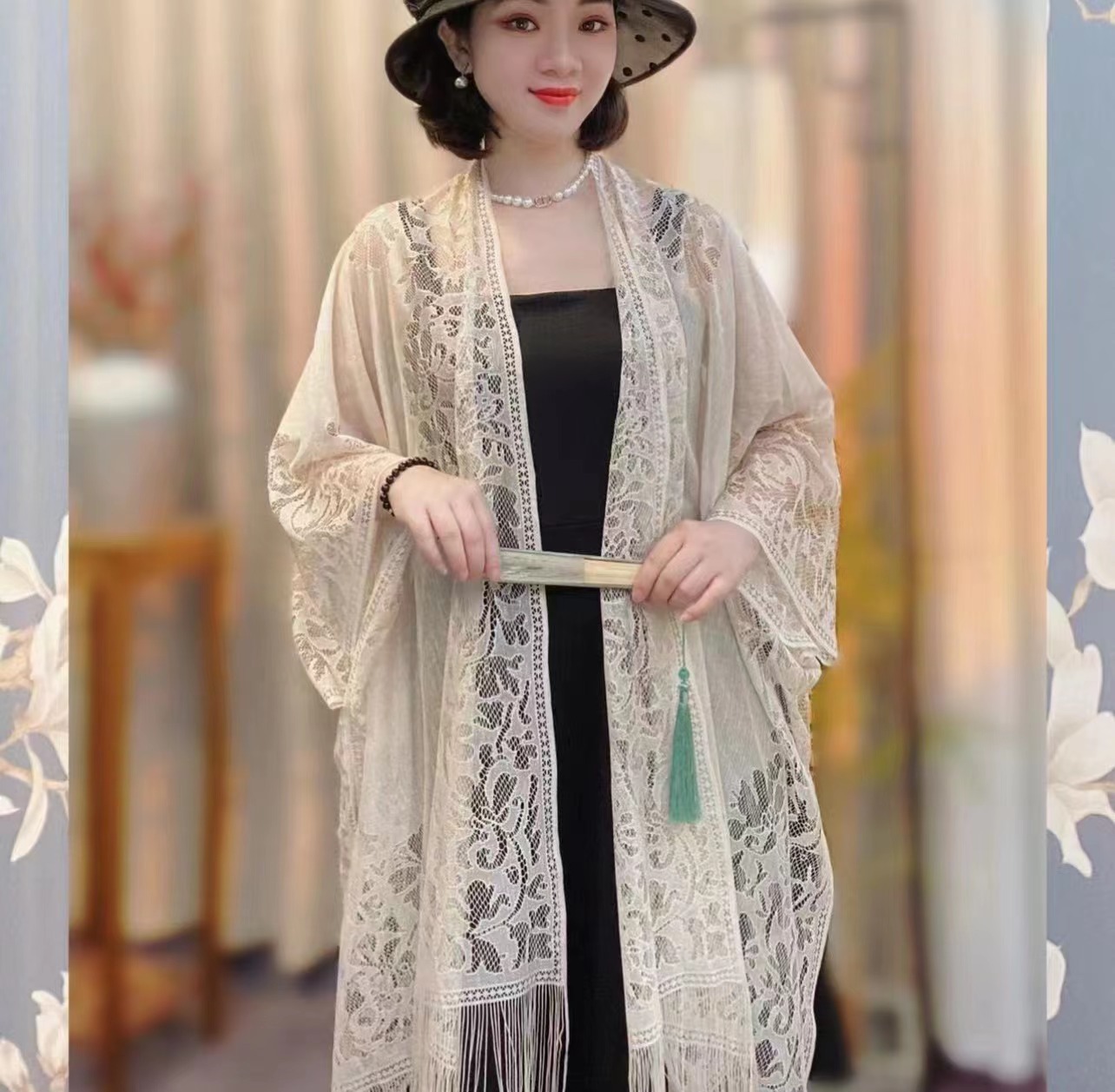 K606 Summer Chinese retro all-match thin sunscreen shawl hollow tassel cape outer wear cheongsam cardigan jacket cape
