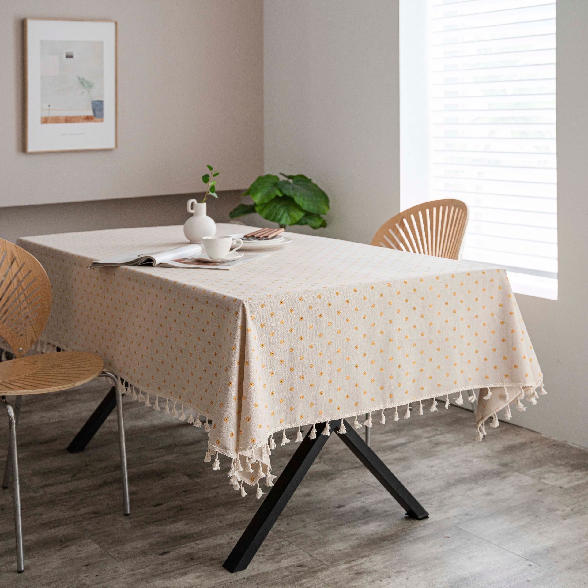 W49 New Chinese Retro Blue and White Porcelain Cotton and Linen ins Rectangular Dining Table Tablecloth Tassel Table Mat Coffee Table Tablecloth