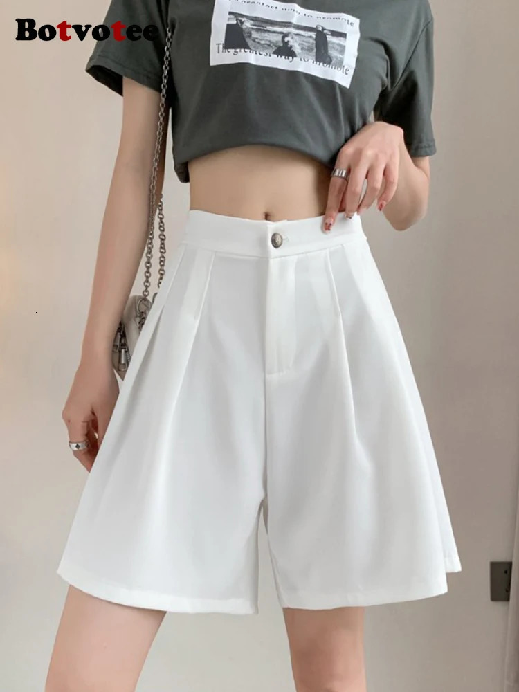 Botvotee Summer White Suit Shorts for Women Elegant Office Dress Shorts with Sashes Fashion Wide Leg Black Formal Short Pants 250428