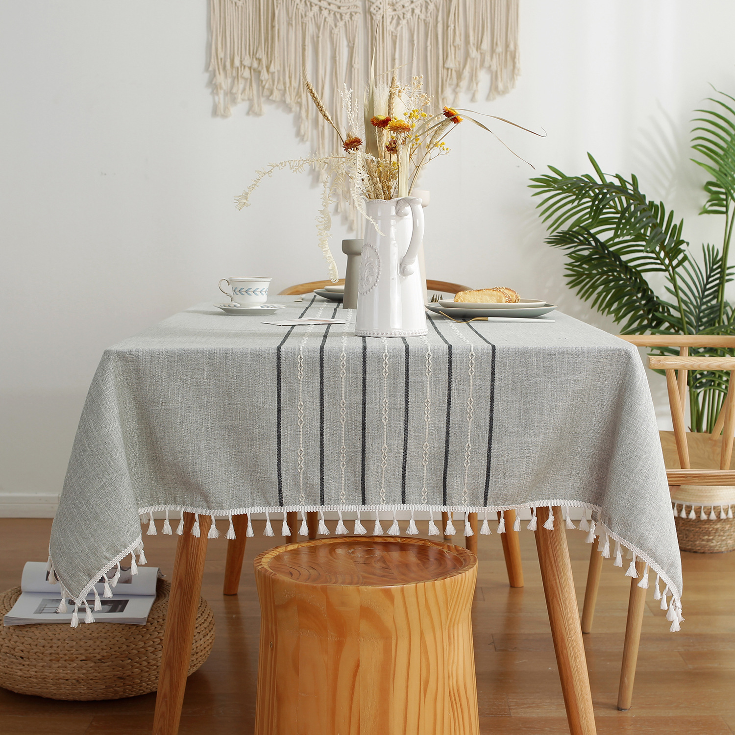 W55 simple grid striped tablecloth coffee table cloth household cotton and linen cloth rectangular symmetrical striped tablecloth table cloth