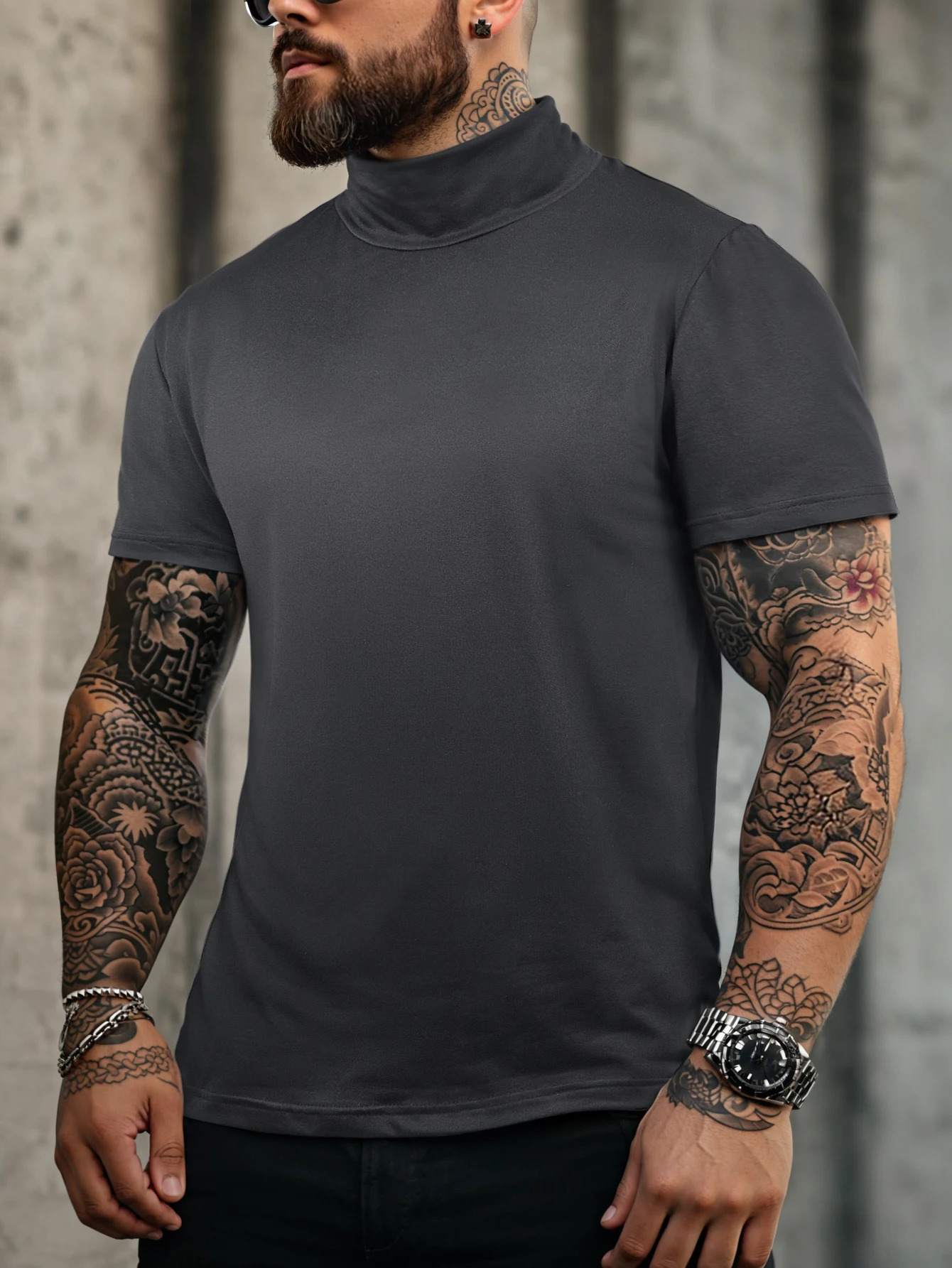 Mens summer leisure sports training daily plain weave high neck short sleeved Tshirt mens streetwear 250430Z