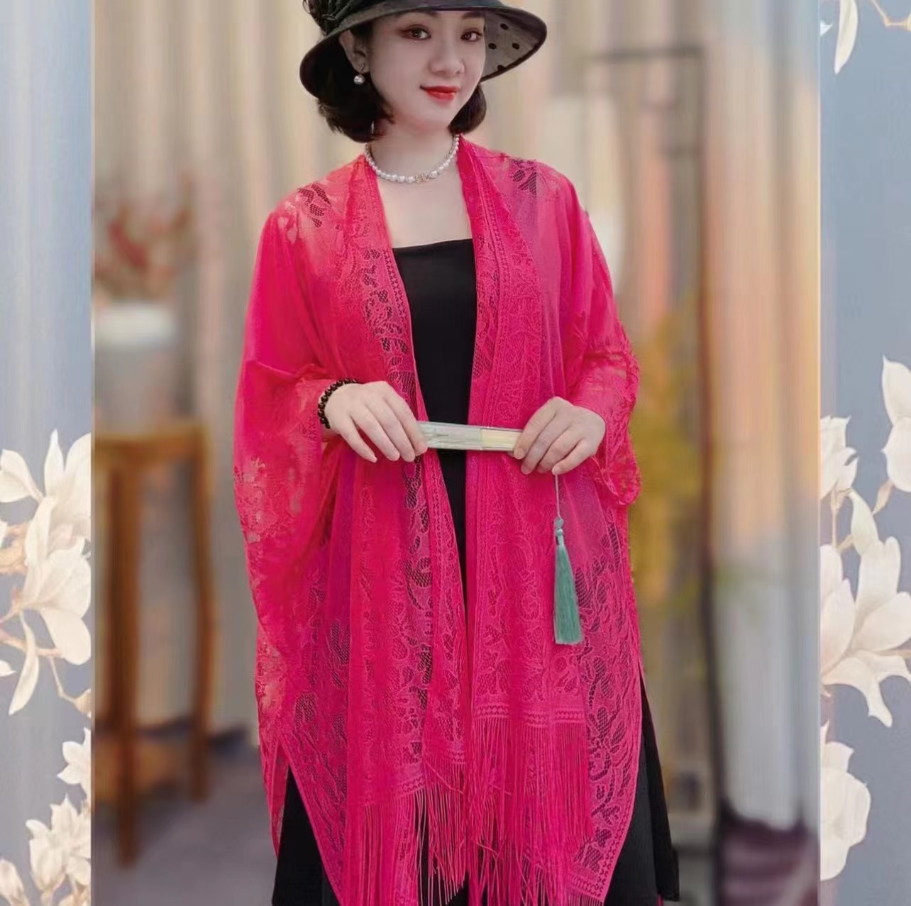 K606 Summer Chinese retro all-match thin sunscreen shawl hollow tassel cape outer wear cheongsam cardigan jacket cape