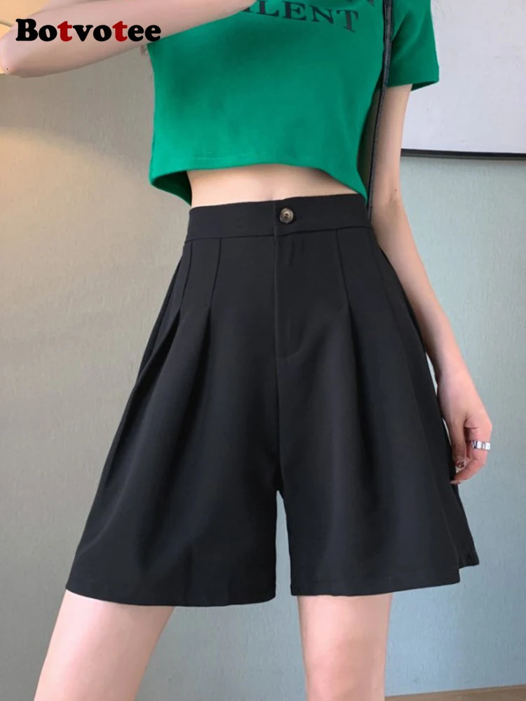 Botvotee Summer White Suit Shorts for Women Elegant Office Dress Shorts with Sashes Fashion Wide Leg Black Formal Short Pants 250428