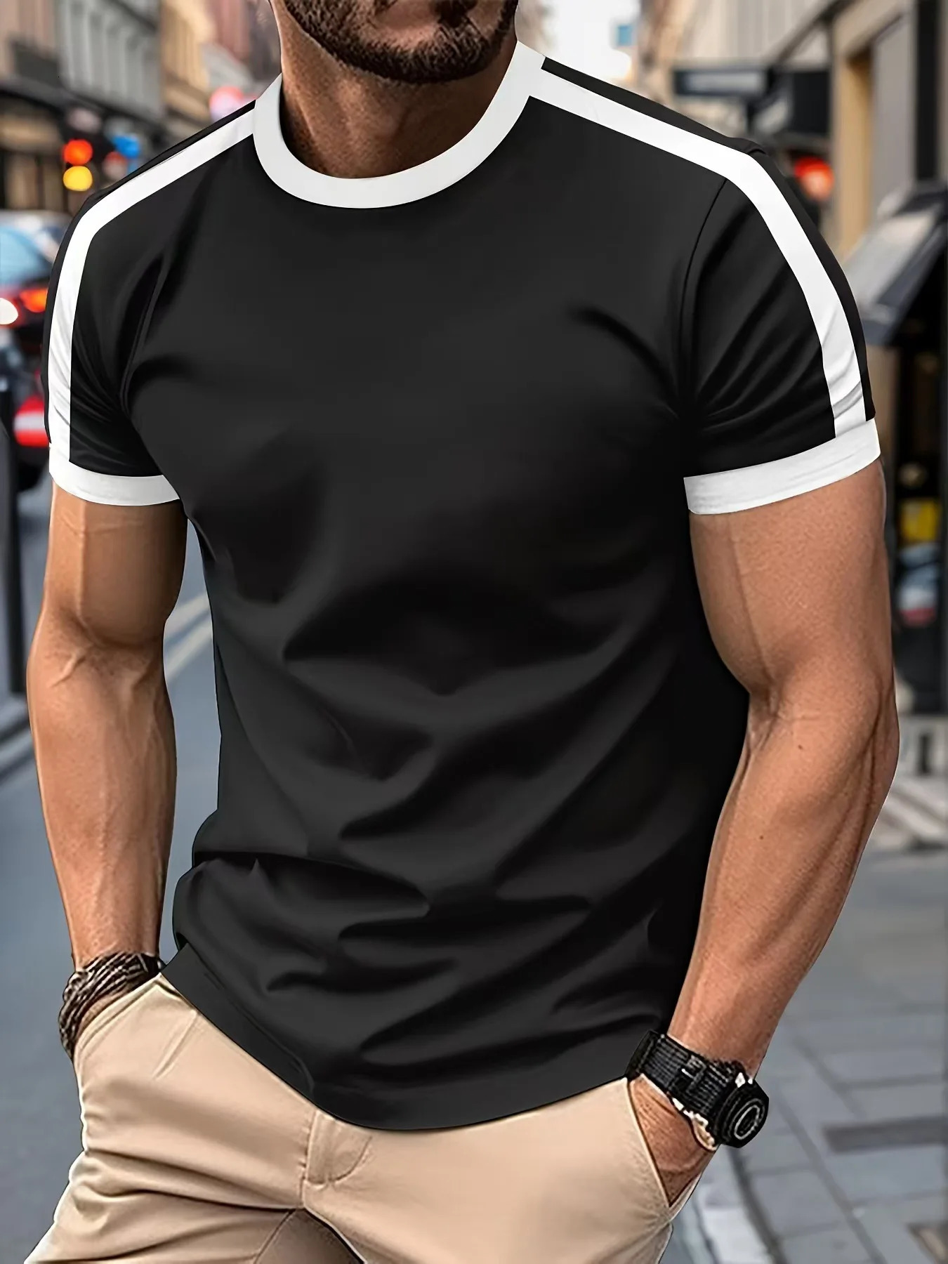 Mens casual short sleeved European and American sports fitness color matching mens Tshirt 250430Z