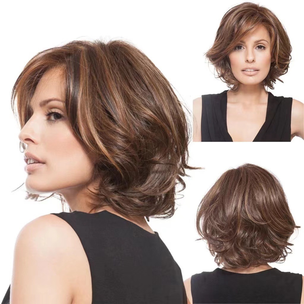 wig New female middle-aged partial parting short curly hair high-temperature silk color gradient wig head cover