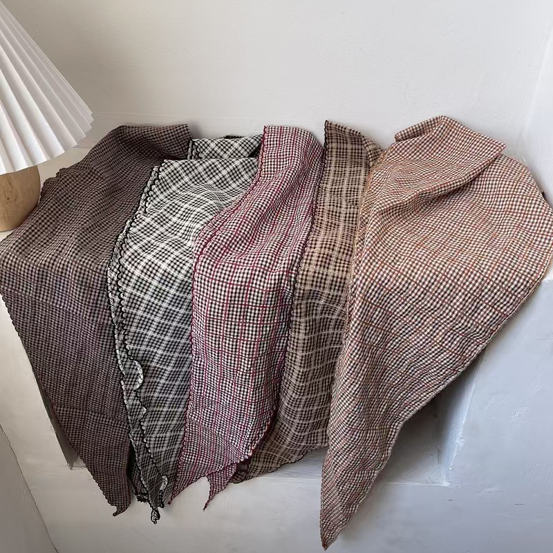 T623 Korean version of small plaid literary cotton and linen triangle scarf fashion headscarf scarf temperament silk scarf versatile trend retro scarf