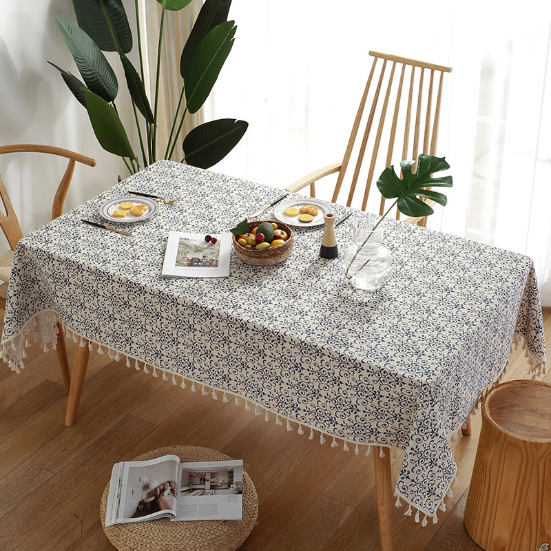 W48 New Chinese Retro Blue and White Porcelain Cotton and Linen ins Rectangular Dining Table Tablecloth Tassel Table Mat Coffee Table Tablecloth