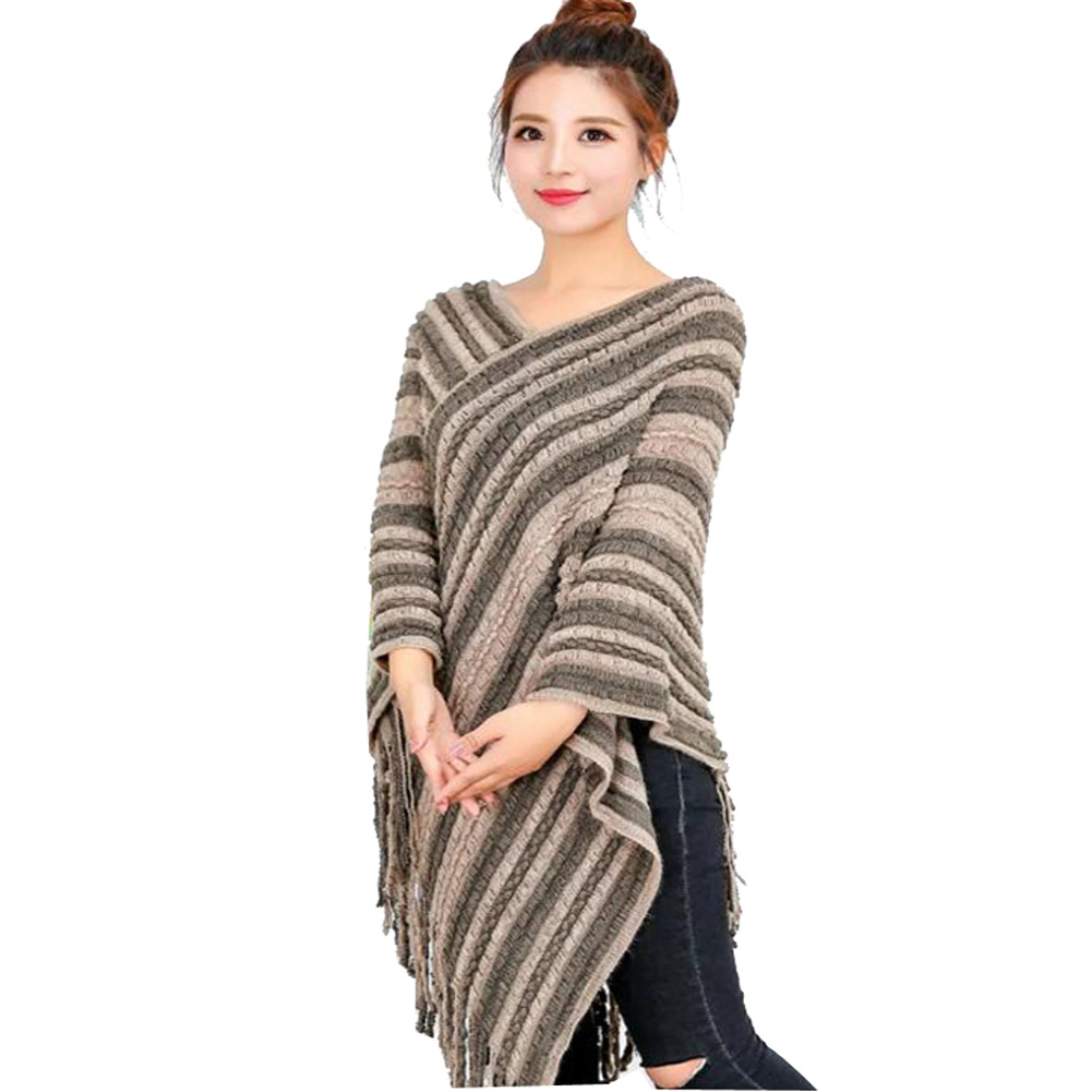 K603 European and American knitted cape shawl color matching autumn and winter tassel pullover shawl women