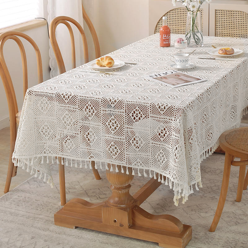 W44 American retro crochet tablecloth woven hollow tablecloth non-slip cover tablecloth beige hollow cloth placemat