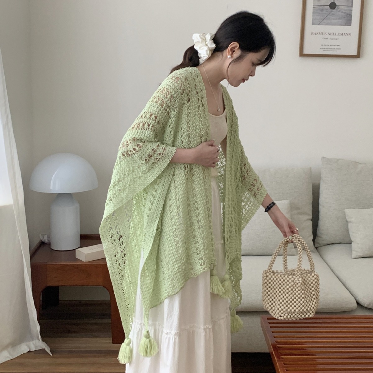 K605 New summer thin sunscreen cool shawl solid color hollow mesh slit tassel travel Korean style outer cape
