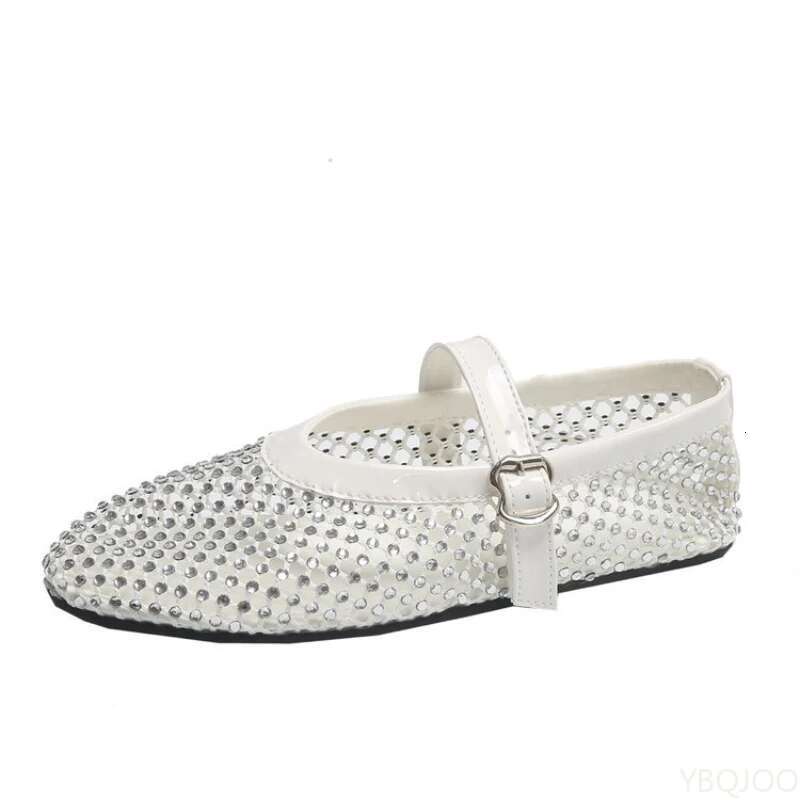 Ladies Summer Cut Out Loafers Woman Brand Design Rivet Flats Crystal Rhinestone Fishnet Mesh Ballet Mary Jane Shoes Mujer