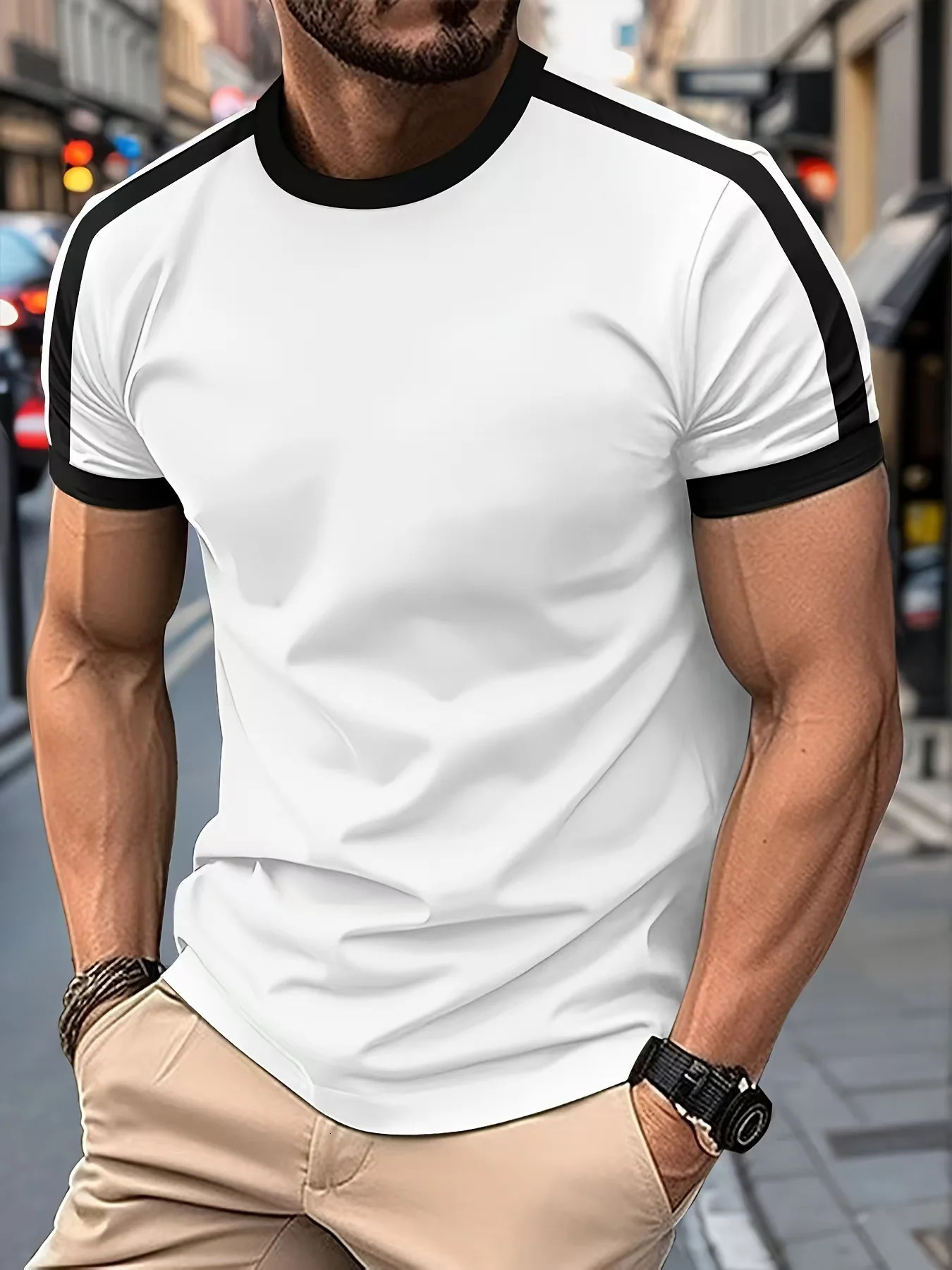 Mens casual short sleeved European and American sports fitness color matching mens Tshirt 250430Z
