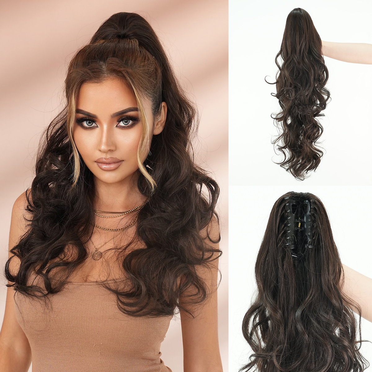 brown Black grab clip synthetic ponytail long curly hair with large waves high-temperature silk grab clip ponytail wig accessories