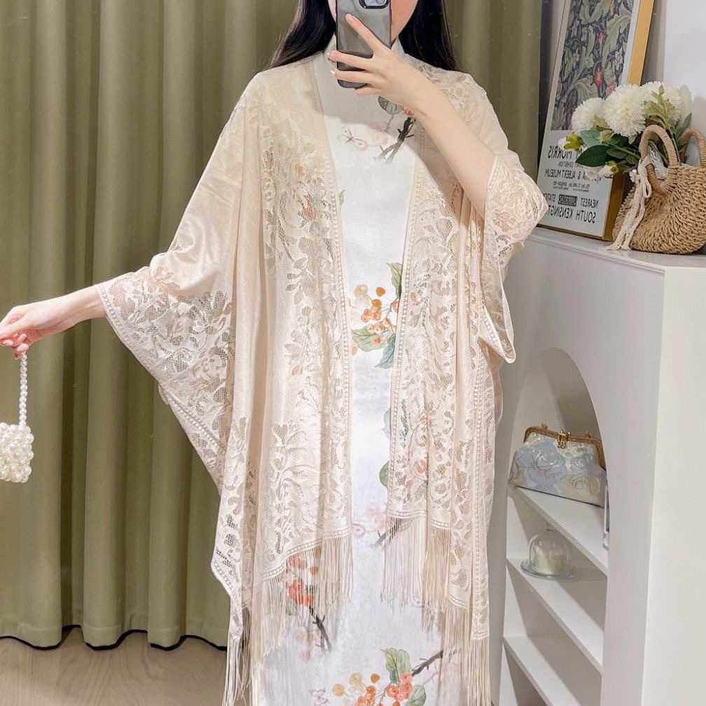 KK5 Chinese cheongsam shawl women's new style outerwear cardigan spring and summer thin temperament lace hollow tassel ancient style shawl