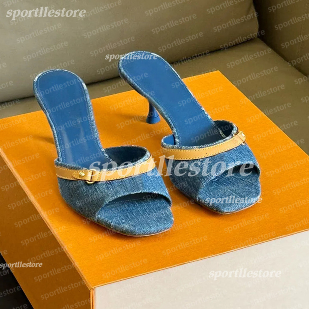 High Heels Designer Sandals Womens Slippers Luxury Mid Heel Neo Revival Mules Ladies denim blue White Black Brown Ebony Slides Leather Women Sandal With Box
