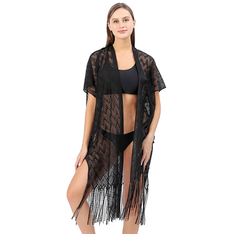 K601 Cross-border good goods European and American lace cardigan holiday beach style wave lace bikini blouse large size sun protection clothes for wom