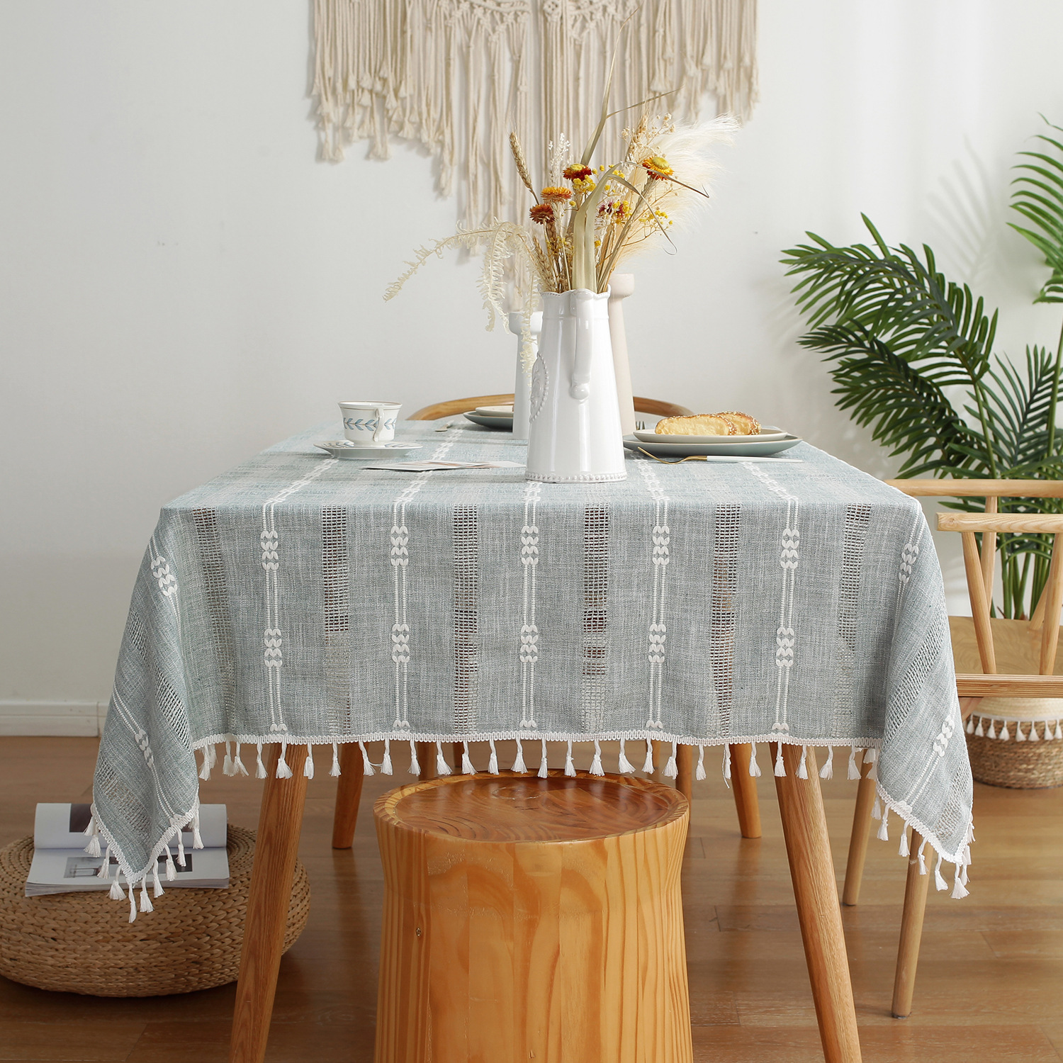 W54 Rectangular Symmetrical Striped Table Cloth - Cotton & Linen Blend for Coffee Tables