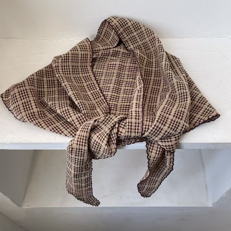 T623 Korean version of small plaid literary cotton and linen triangle scarf fashion headscarf scarf temperament silk scarf versatile trend retro scarf