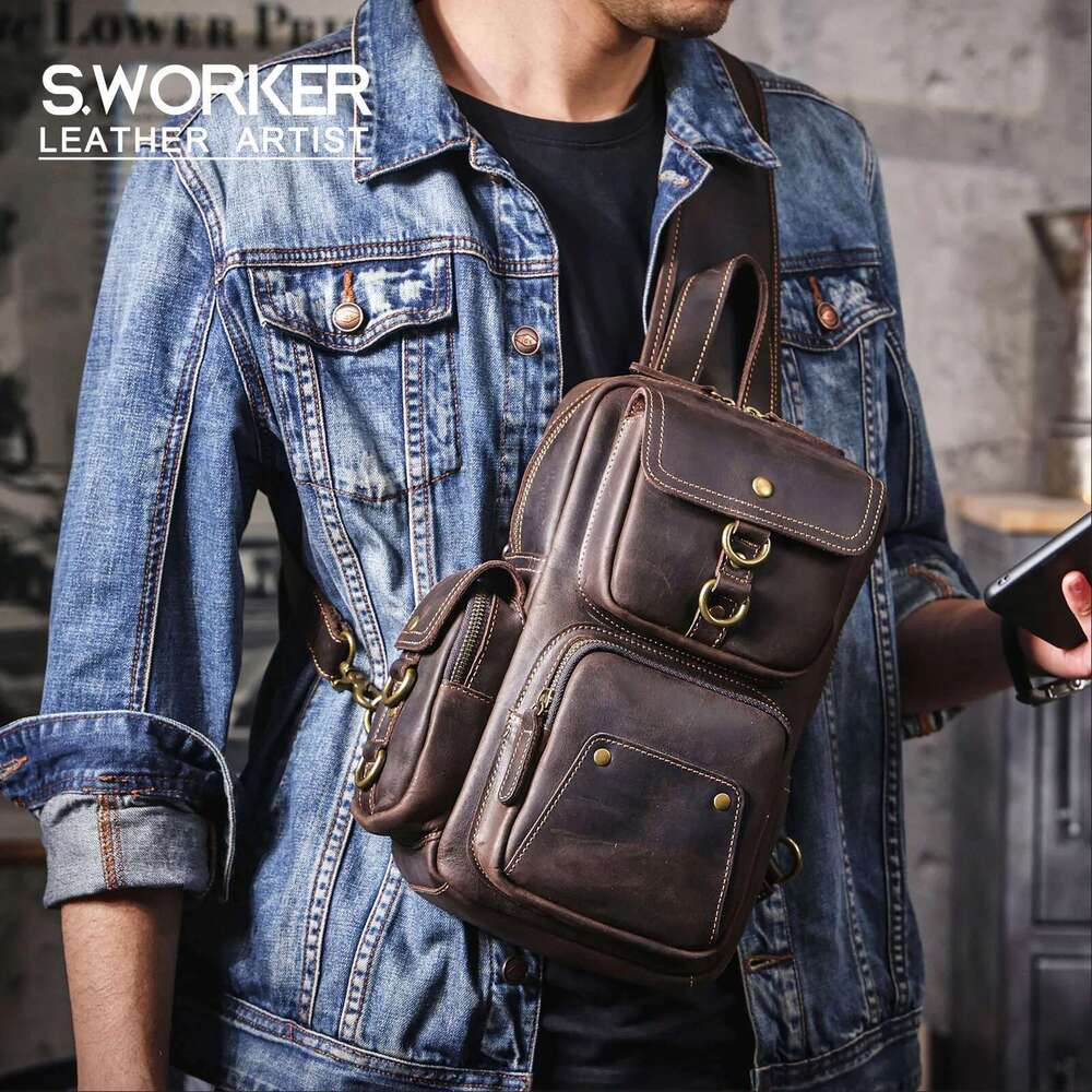 Vintage Genuine Chest For Men Full Grain Leather Crossbody Sling Bag Daypack Large Capacity