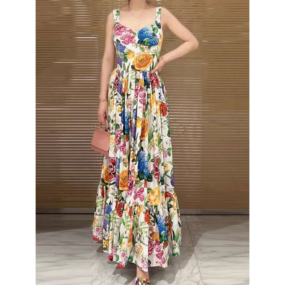 Fashion Clothing Women 2025 Summer Women's New Peach Heart Printed High Waist Dress Elegant Temperament Long Holiday Beach Skirt With Suspenders.