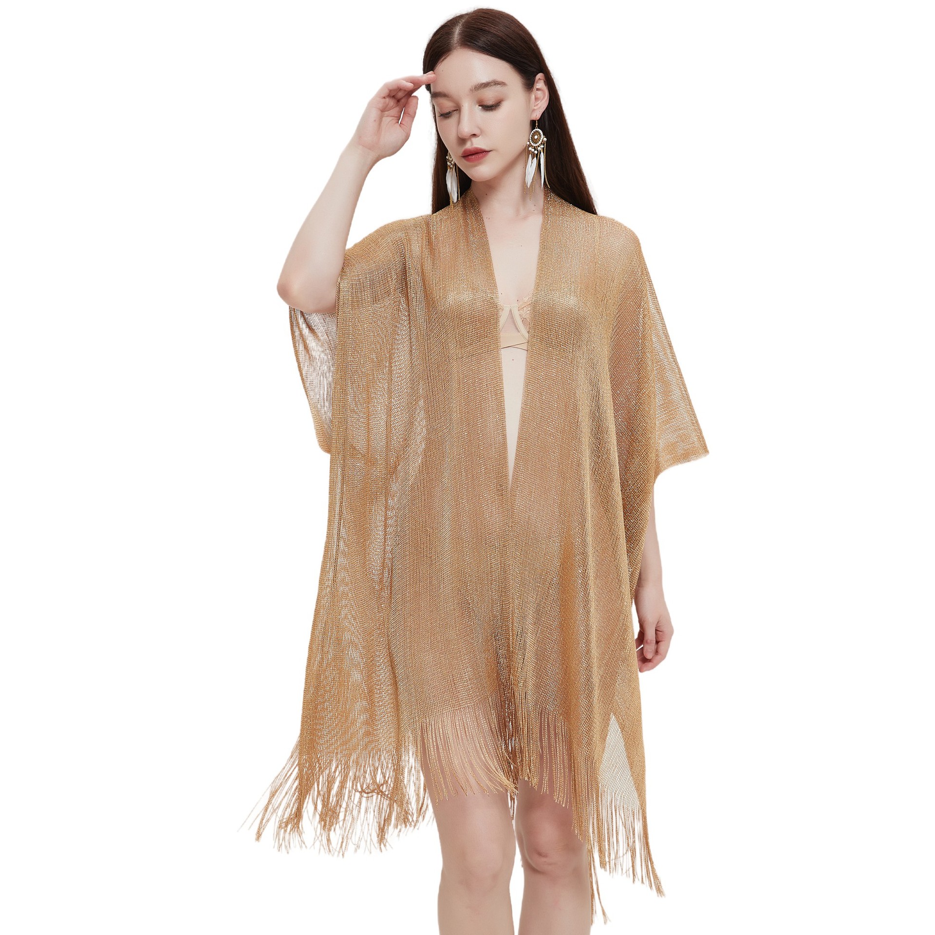 K604 Cross-border hot foreign trade European and American new cuffs gold and silver silk tassel cape female solid color summer transparent thin shawl