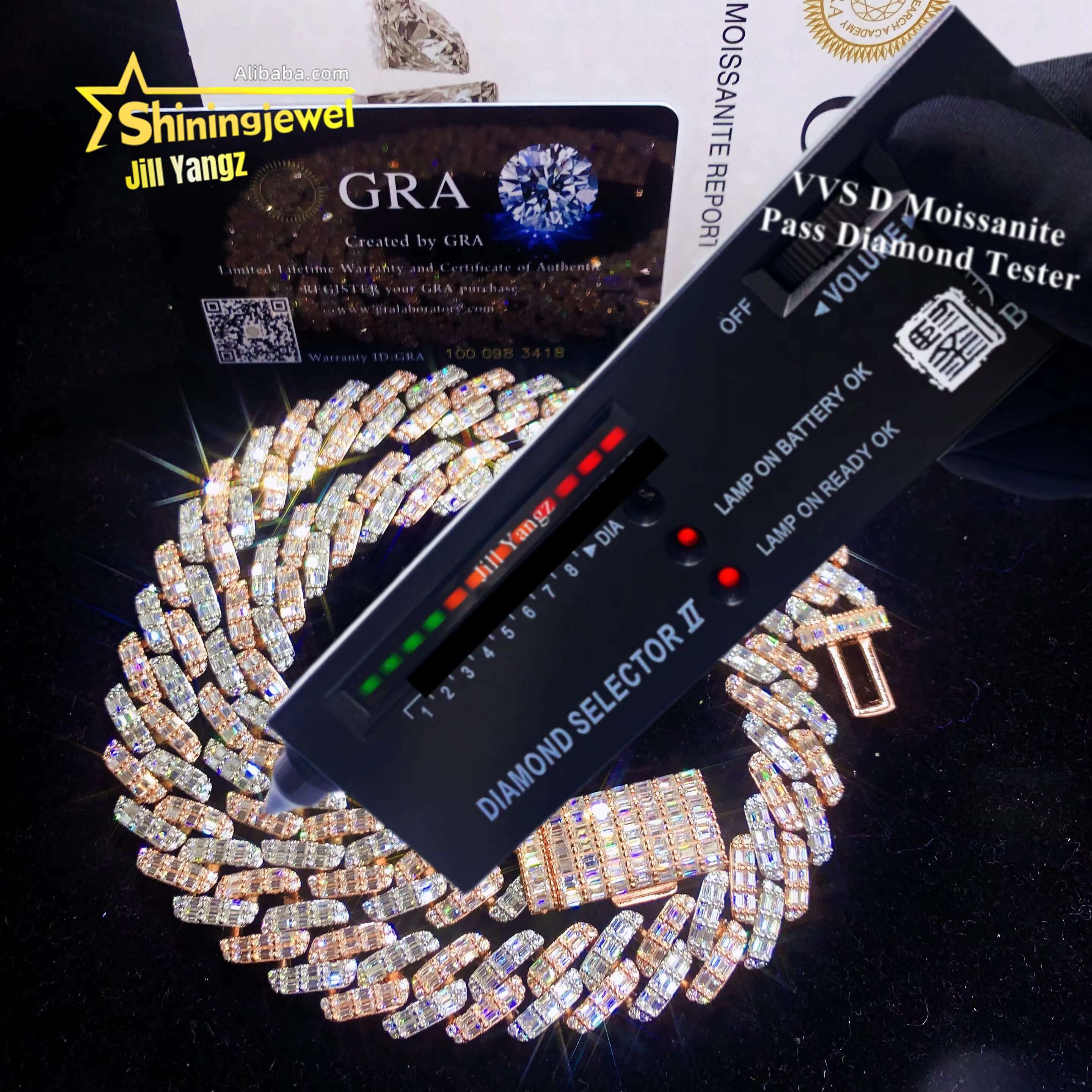 15mm Full Baguette Cuban Links Top Quality Rapper Jewelry Iced Out Moissanite Diamond Cuban Chain