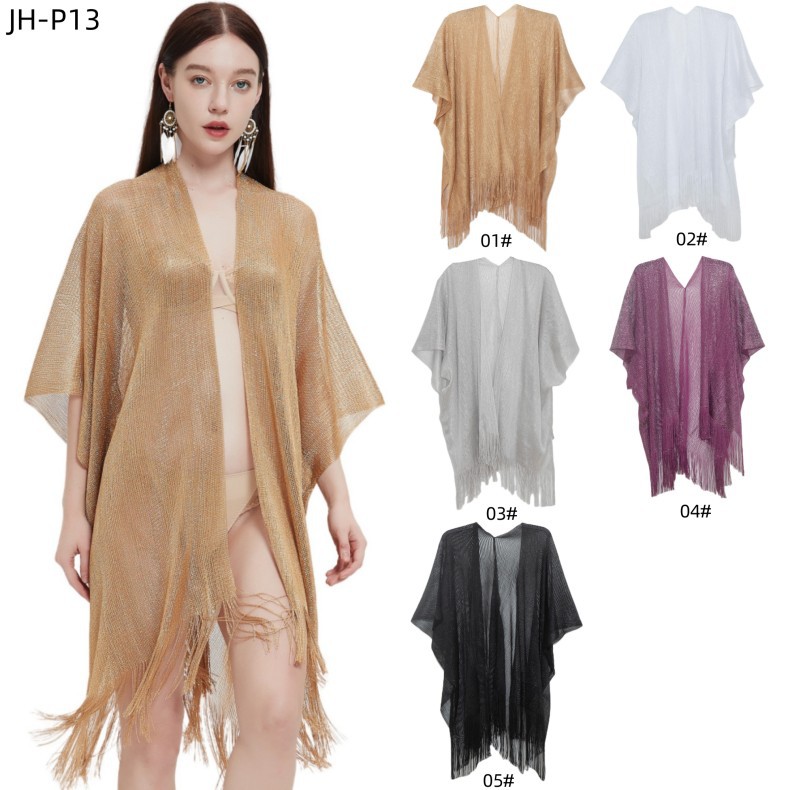 K604 Cross-border hot foreign trade European and American new cuffs gold and silver silk tassel cape female solid color summer transparent thin shawl