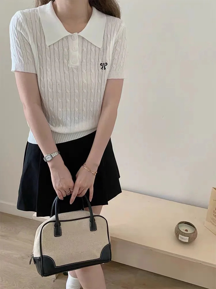 Spring womens commuting polo knit short sleeved summer bow embroidered solid Tshirt 250425