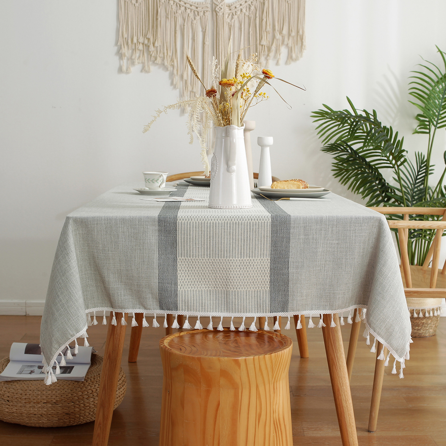 W55 simple grid striped tablecloth coffee table cloth household cotton and linen cloth rectangular symmetrical striped tablecloth table cloth