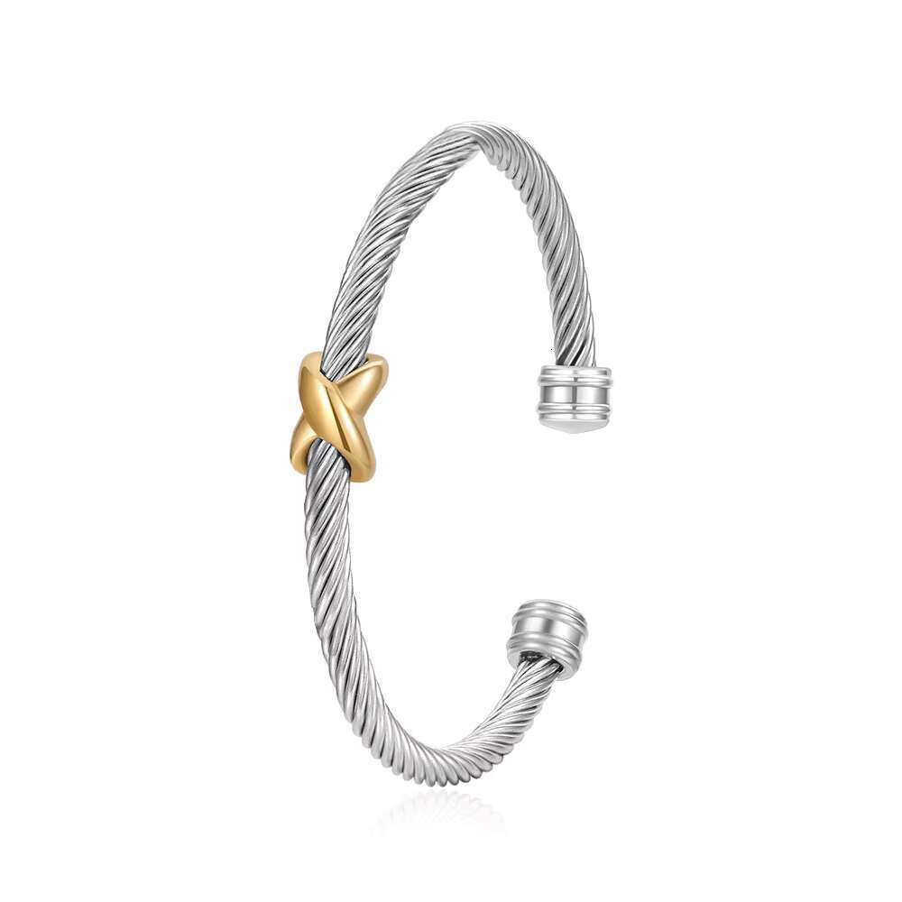 DHCollections 8MM Stainless Steel Cable Bracelet with Gold X Design Adjustable Bangle