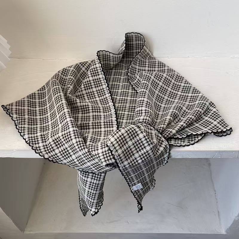 T623 Korean version of small plaid literary cotton and linen triangle scarf fashion headscarf scarf temperament silk scarf versatile trend retro scarf