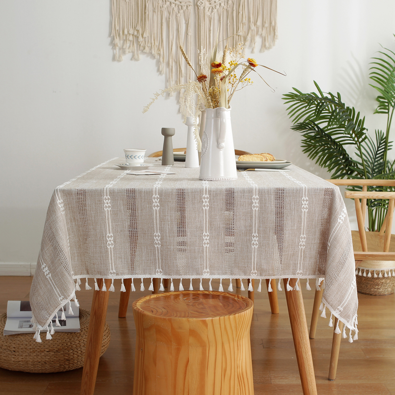 W54 Rectangular Symmetrical Striped Table Cloth - Cotton & Linen Blend for Coffee Tables