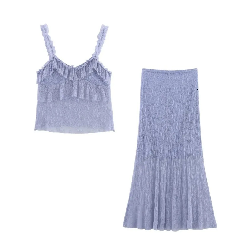 Womens long skirt set of 2 sexy backless lace tops with ruffles two high waisted pieces elastic tight fitting womens clothing 250430e