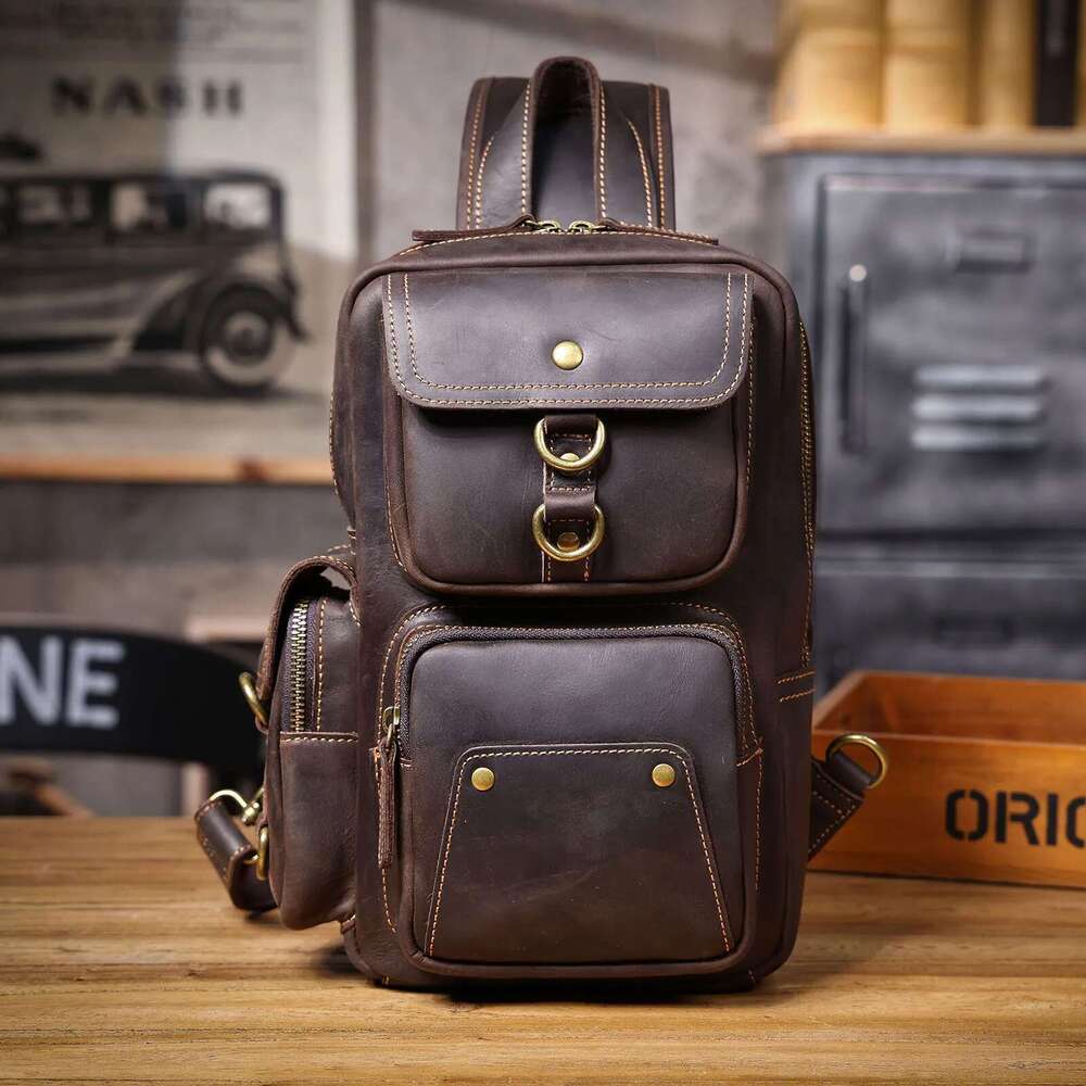 Vintage Genuine Chest For Men Full Grain Leather Crossbody Sling Bag Daypack Large Capacity
