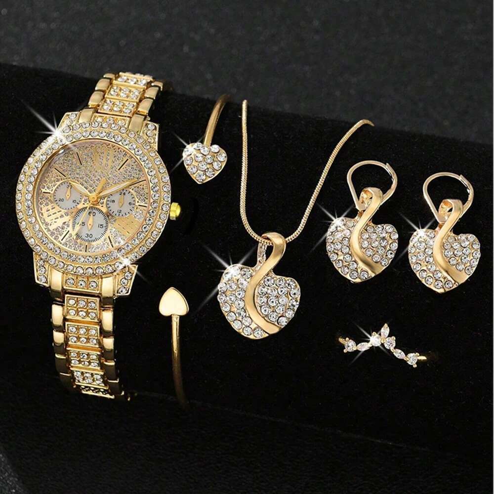 Women's Quartz Watch Gold Women Ring Necklace Earring Rhinestone Fashion Wristwatch Casual Ladies Watches Jewelry Set