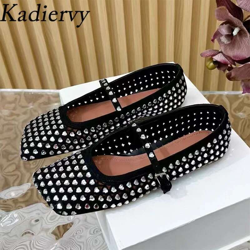 Crystal Woman Square Toe Ankle Lace Up Mary Jane Female Mesh Leather Hollow Outs Summer Flat Shoes For Women