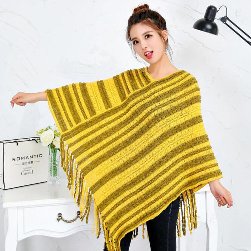 K603 European and American knitted cape shawl color matching autumn and winter tassel pullover shawl women