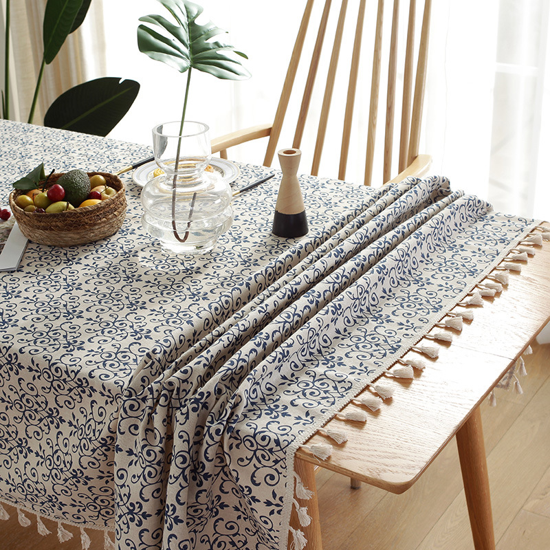 W48 New Chinese Retro Blue and White Porcelain Cotton and Linen ins Rectangular Dining Table Tablecloth Tassel Table Mat Coffee Table Tablecloth