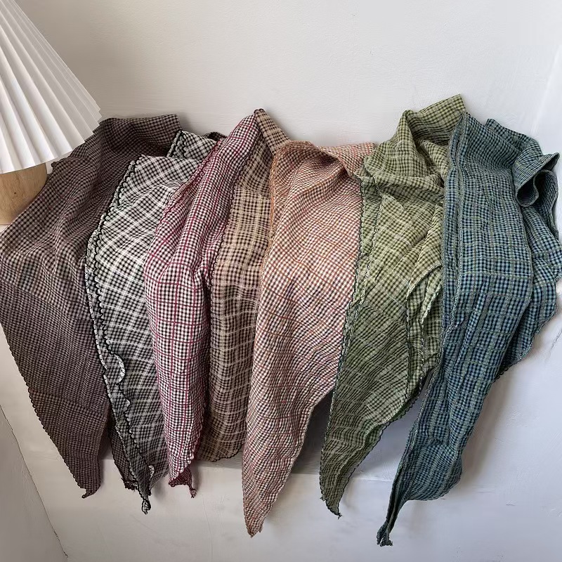 T623 Korean version of small plaid literary cotton and linen triangle scarf fashion headscarf scarf temperament silk scarf versatile trend retro scarf