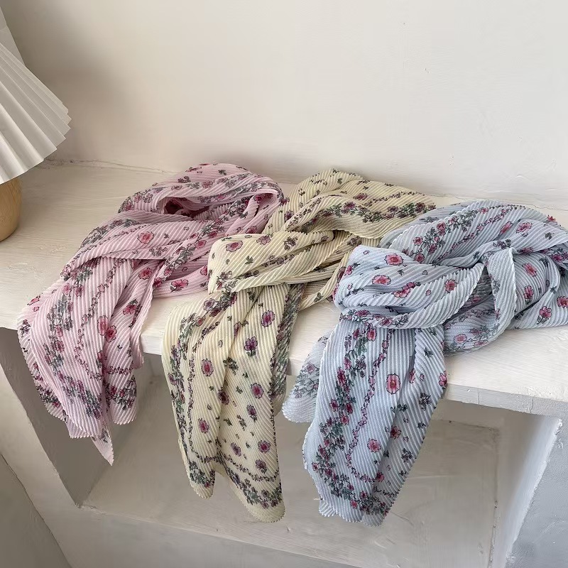 T622 Thin Floral Pleated Long Silk Scarf for Women Spring and Summer Sweet Fresh Sunscreen Decorative Scarf Wrinkled
