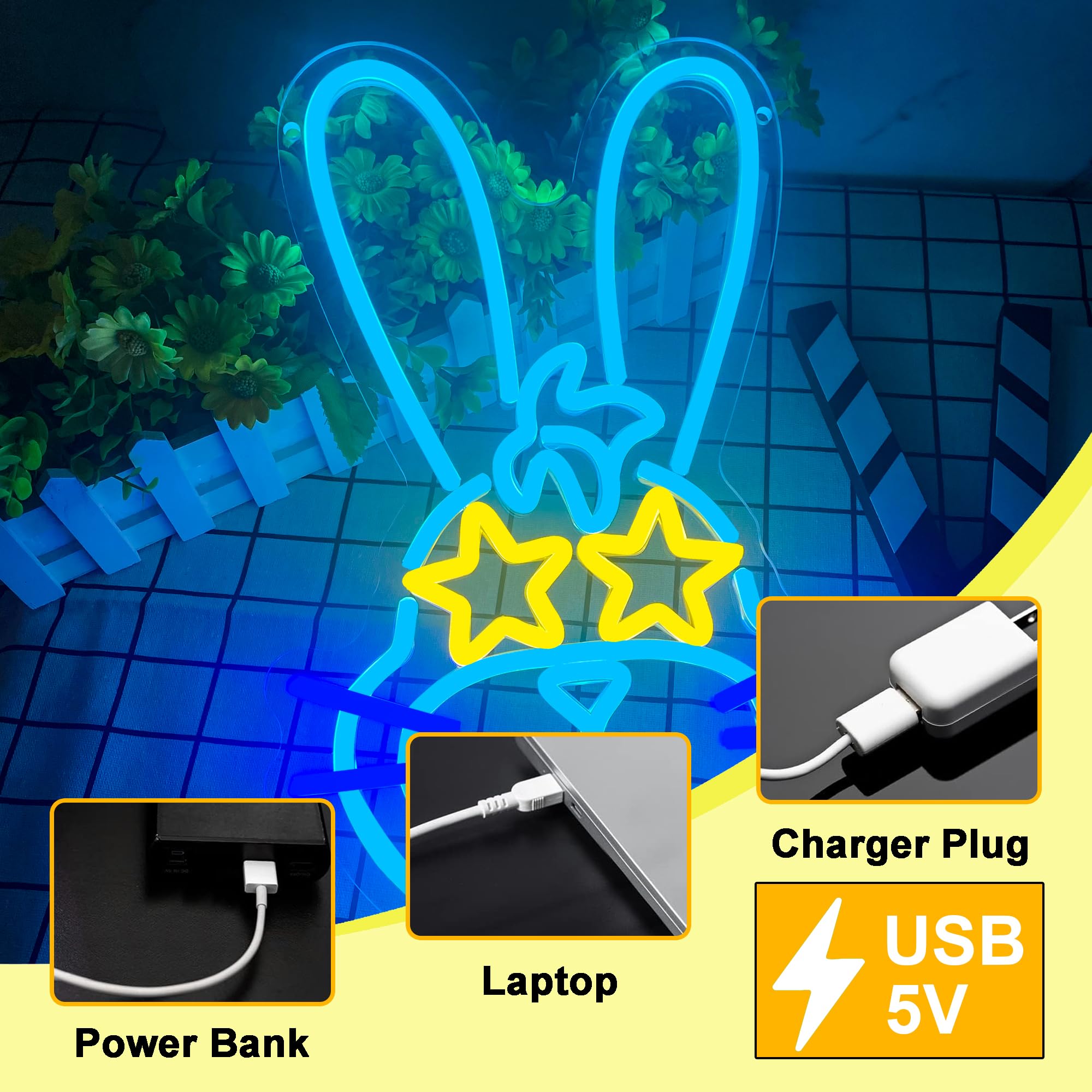 Bonnie Rabbit Neon Signs for Wall Decor,Dimmable Cartoon Fnaf Bunny Neon Light,USB Powered Game Sign for Bedroom Gaming Room Man Cave Bar Birthday Gif