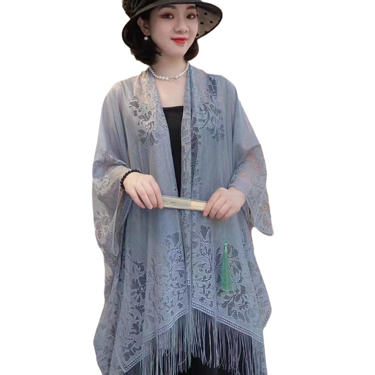 K606 Summer Chinese retro all-match thin sunscreen shawl hollow tassel cape outer wear cheongsam cardigan jacket cape