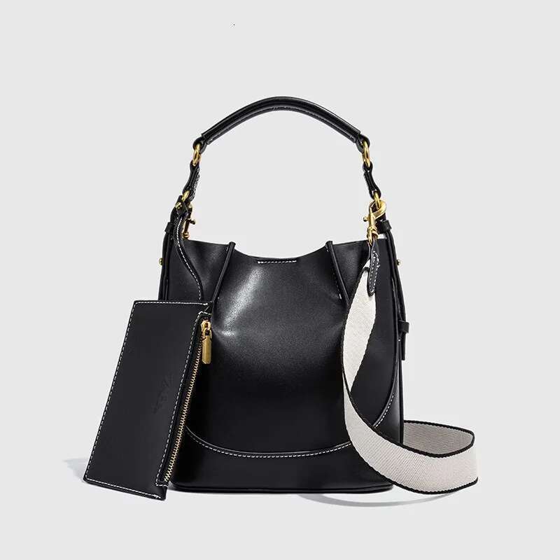 Large Capacity Wide Strap Single Shoulder Bundle Mouth Handheld Crossbody Bucket Bag