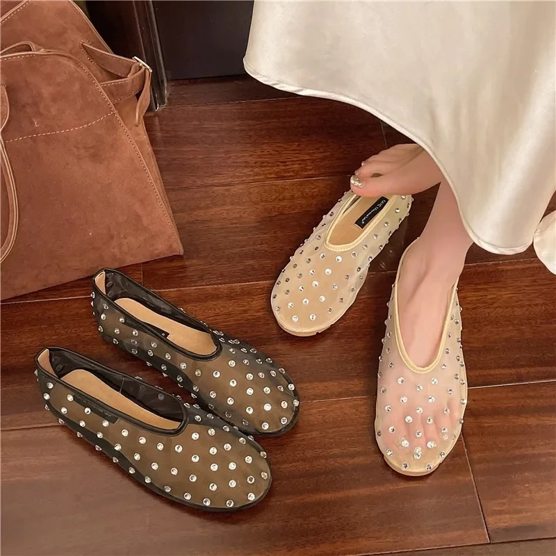 Womens Flat Shoes Mesh-edge Upper Rhinestones Soft Soles Shoes Women Dress Breathable Fairy Style One Kick Zapatillas De Mujer 250428