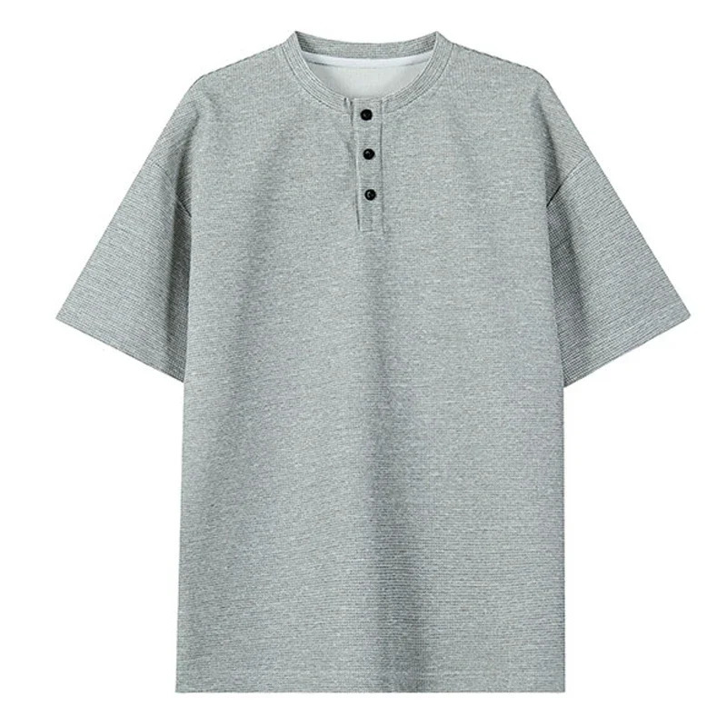 Mens waffles casual oversized Tshirt summer knitted short sleeved shirt basic solid color lightweight breathable streetwear 250430Z