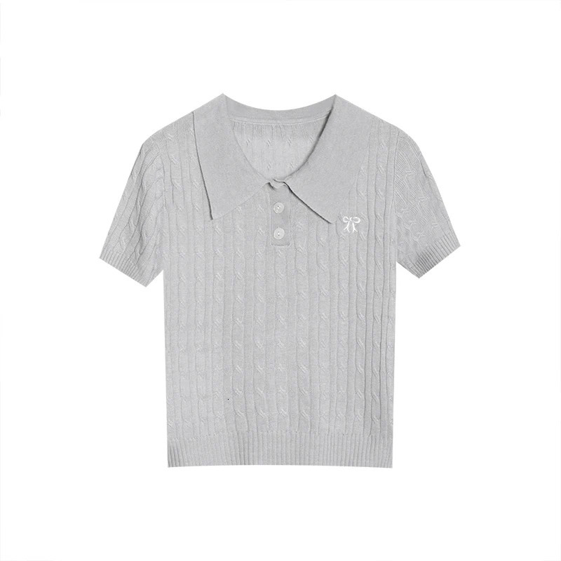 Spring womens commuting polo knit short sleeved summer bow embroidered solid Tshirt 250425