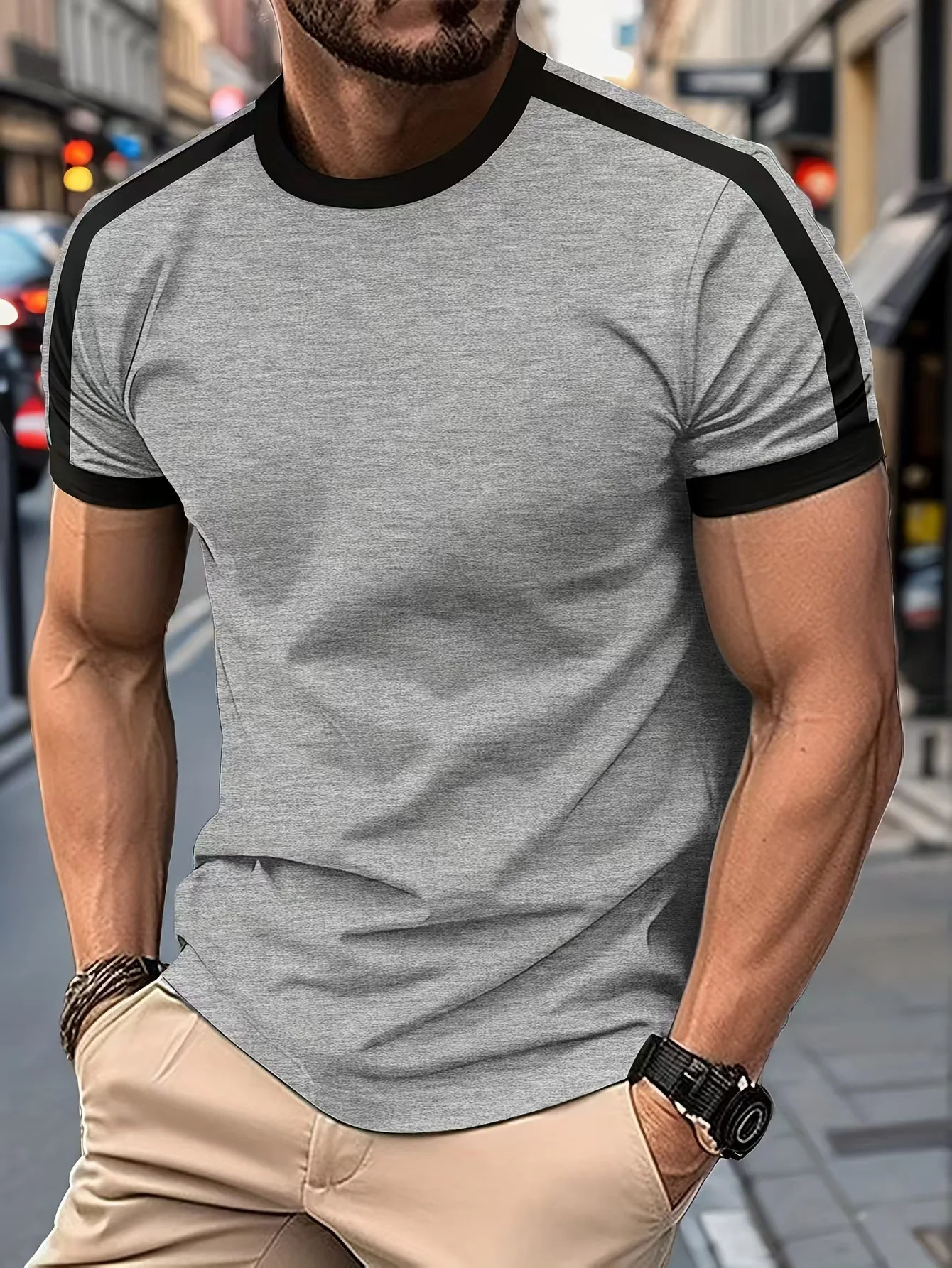 Mens casual short sleeved European and American sports fitness color matching mens Tshirt 250430Z